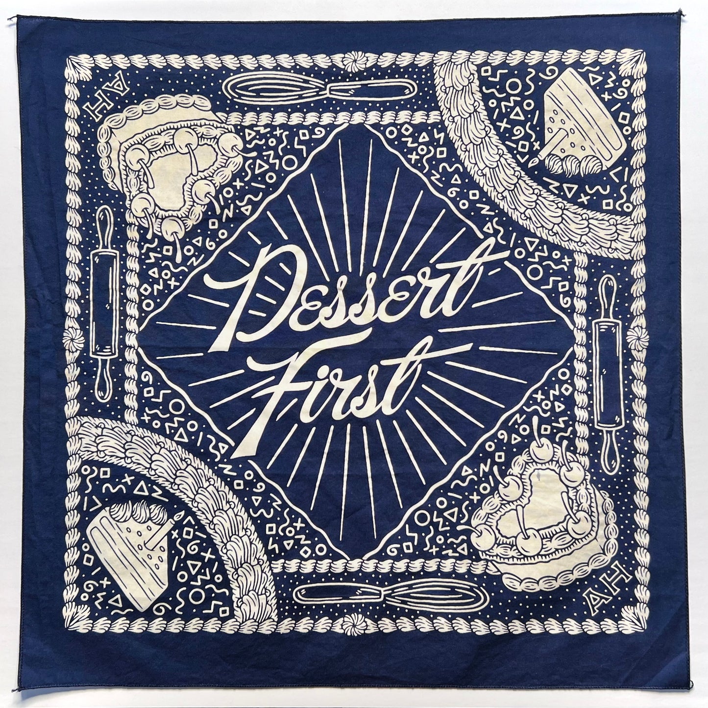 bandana with navy blue fabric and natural ink