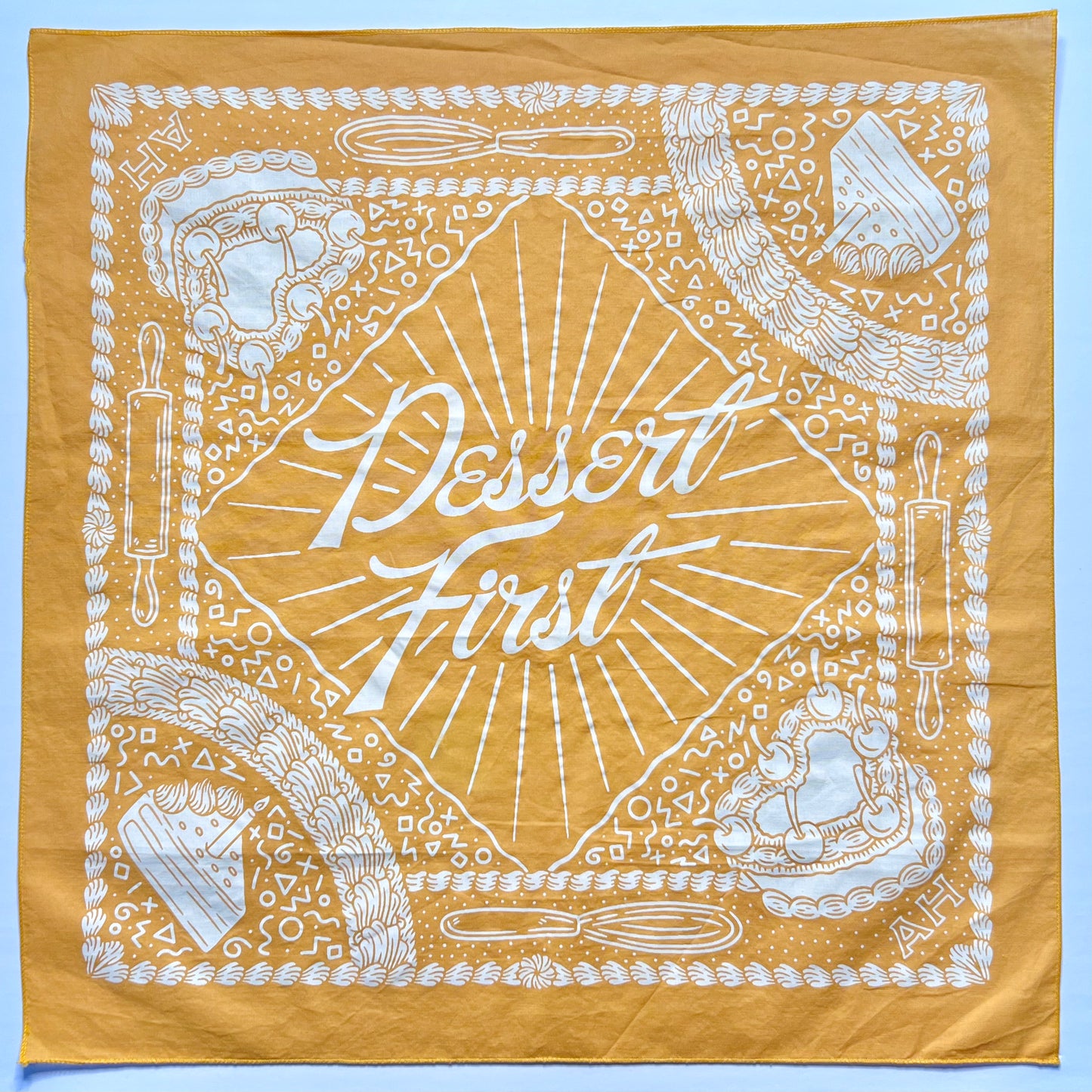 gold fabric bandana with natural ink