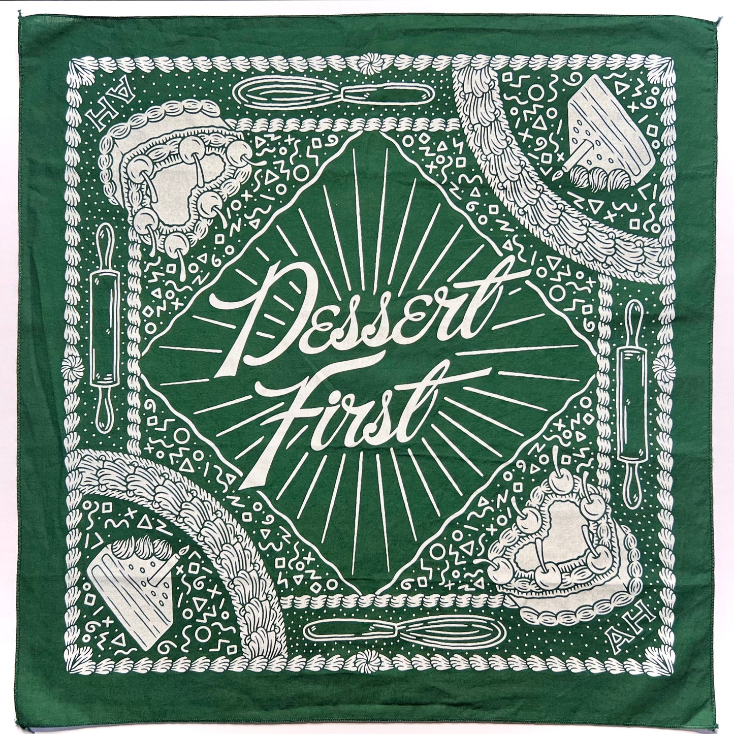 bandana with hunter green fabric and natural ink